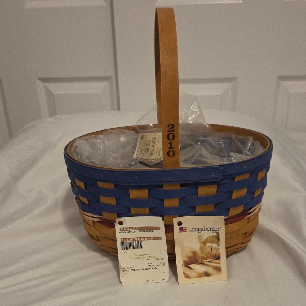 Longaberger Blue and Natural Handwoven Oval Spring Americana Basket with Handle